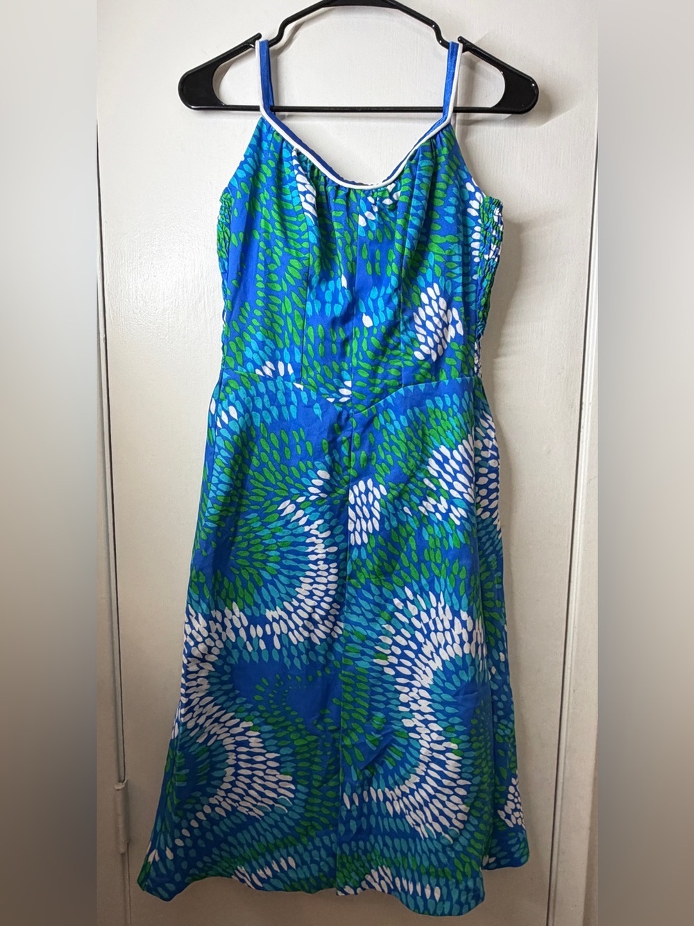 Vintage 60s/70s Sears Abstract Polka Dot Green Blue White Swim Dress 34A (Small)